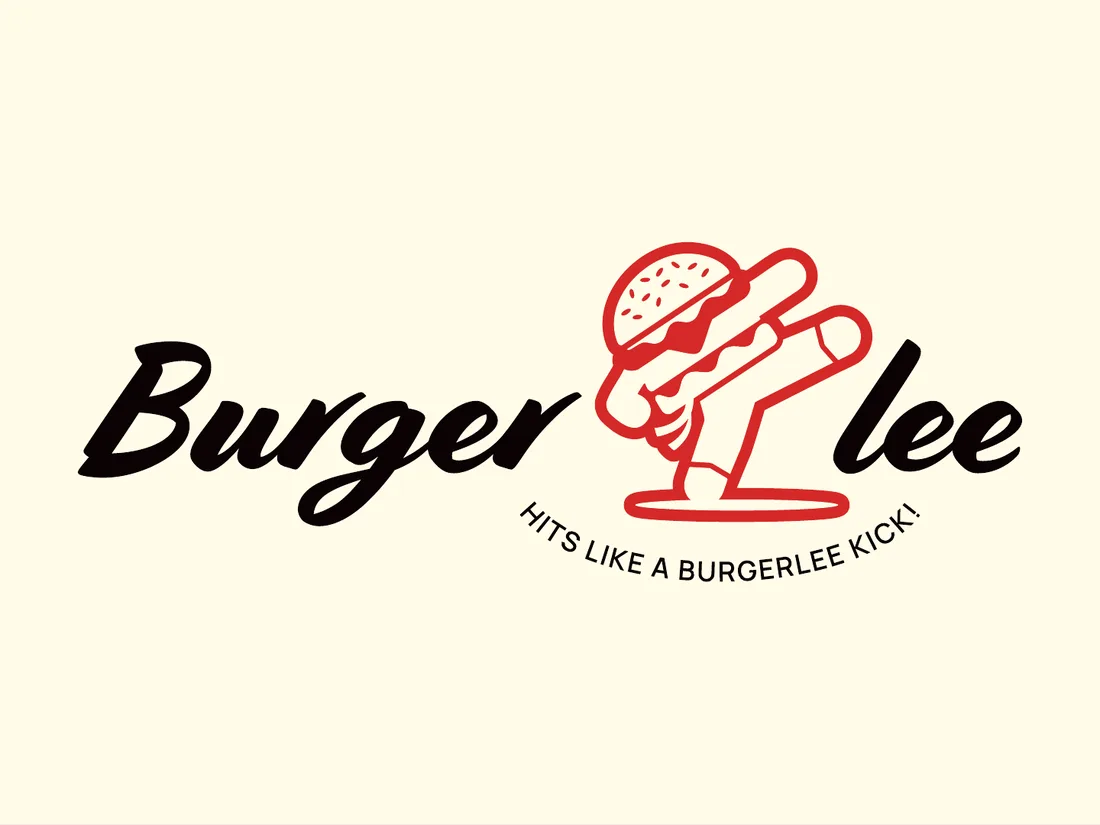 Burgerlee black script wordmark and red burger-kick mascot on a warm cream background.