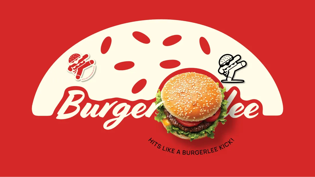 Burgerlee red brand artwork with a burger, script wordmark, kicking mascot and slogan.