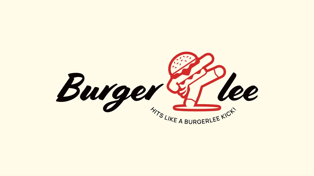 Burgerlee script wordmark with the red burger-kick character on a cream background.