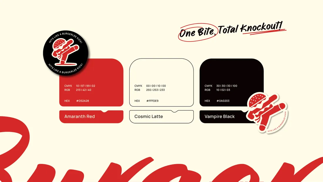 Burgerlee identity palette of vivid red, warm cream and near-black with logo variations.