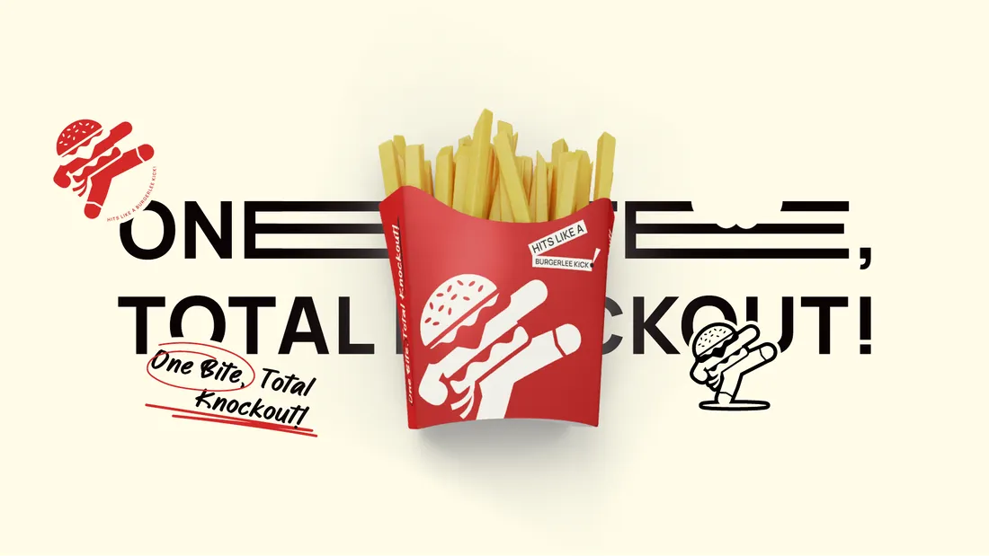 Red Burgerlee fries carton with the burger-kick mark and One Bite, Total Knockout slogan.