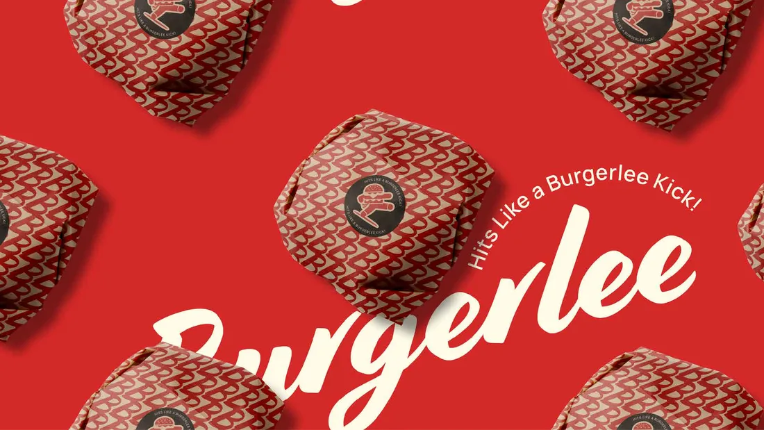 Burgerlee patterned burger-wrap mockups on a red field with a large script wordmark.