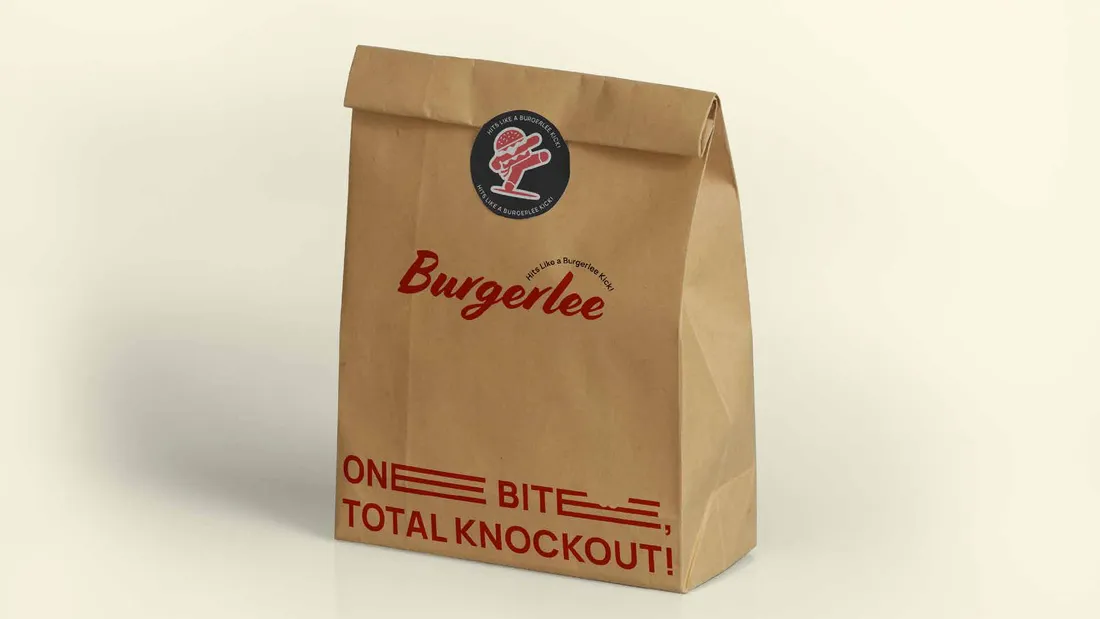 Burgerlee kraft takeaway bag mockup with the red logo and slogan.