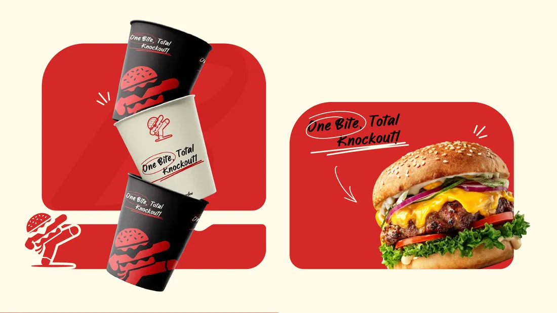 Black and cream Burgerlee drink-cup mockups beside a burger campaign graphic.