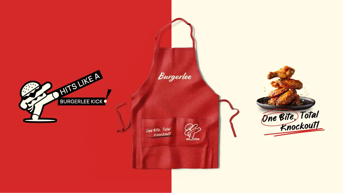 Red Burgerlee staff-apron mockup beside the mascot and food campaign graphics.