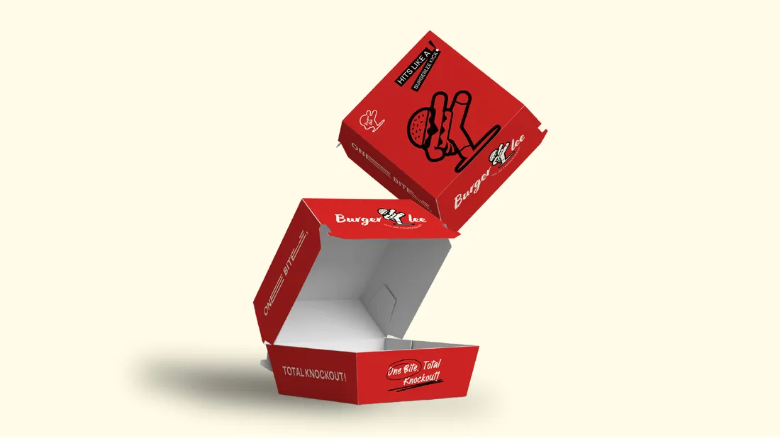 Open and closed red Burgerlee burger-box packaging mockups on a cream background.
