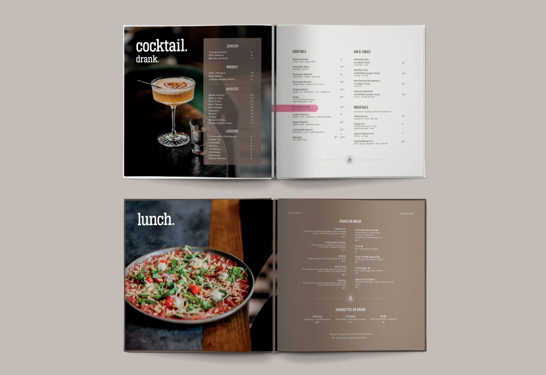 19 Domburg cocktail and lunch menu spreads with food and drink photography.