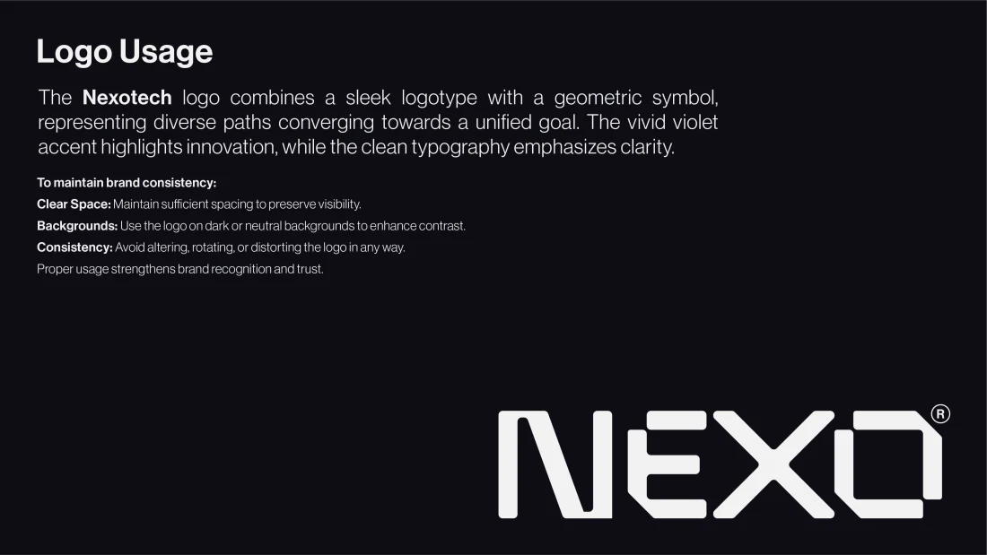 NEXO approved white logo and usage guidance on a dark background.