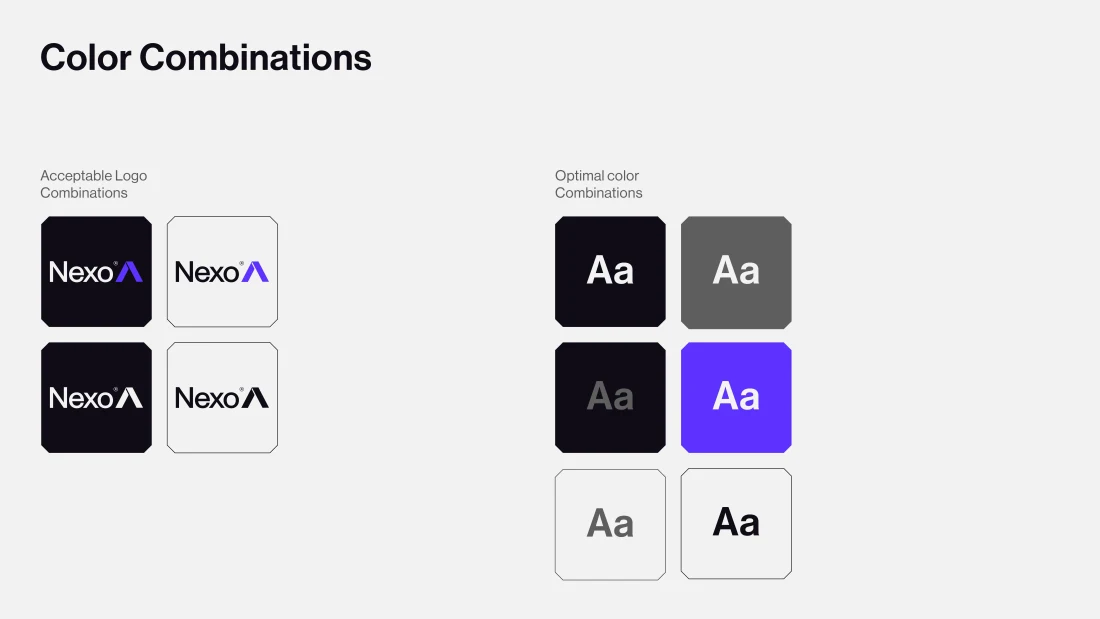 NEXO logo and typography colour combinations across light and dark backgrounds.