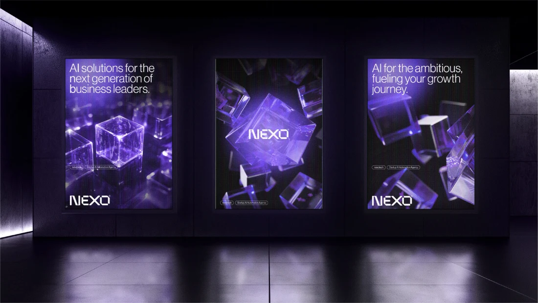 Three illuminated NEXO campaign posters with purple abstract imagery.