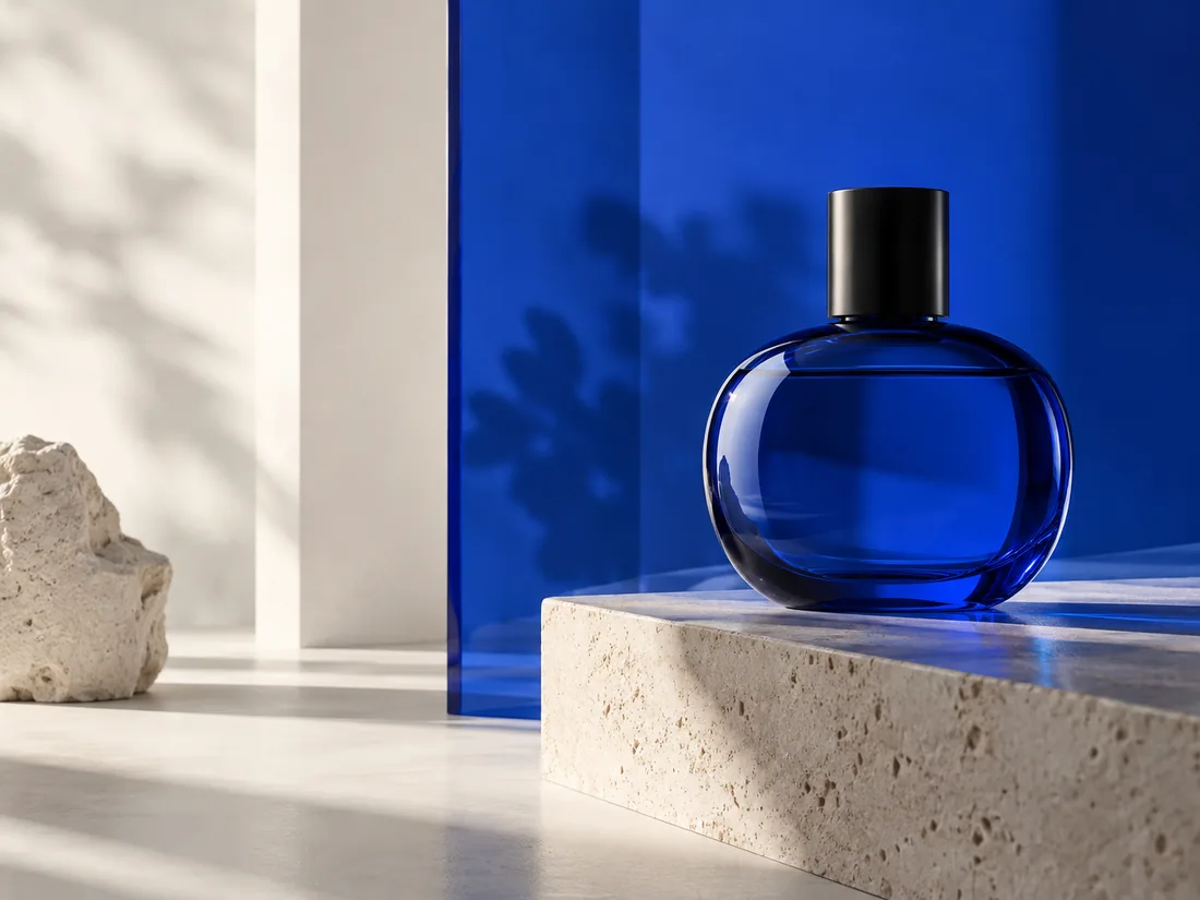 Conceptual studio image of a product inside a controlled cobalt-lit scene.