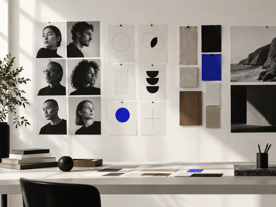 Conceptual studio image of an art-directed brand research and positioning wall.