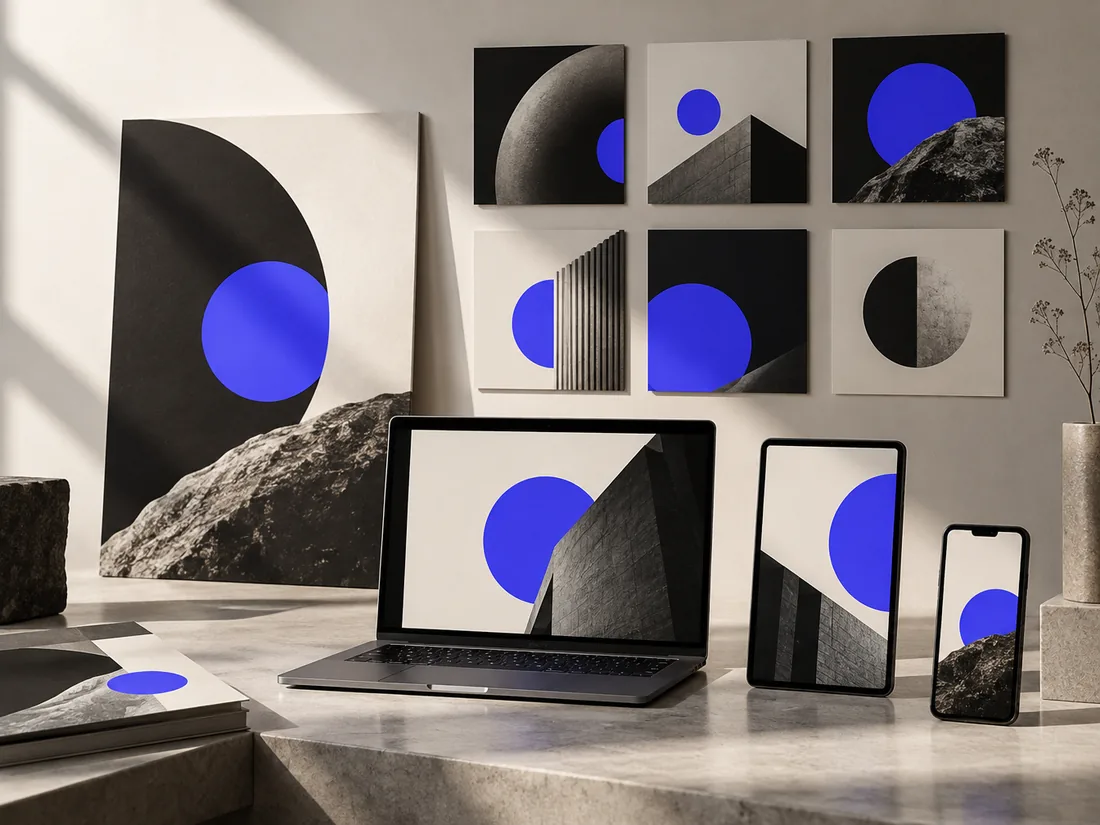 Conceptual studio image of coordinated square and vertical social content formats.