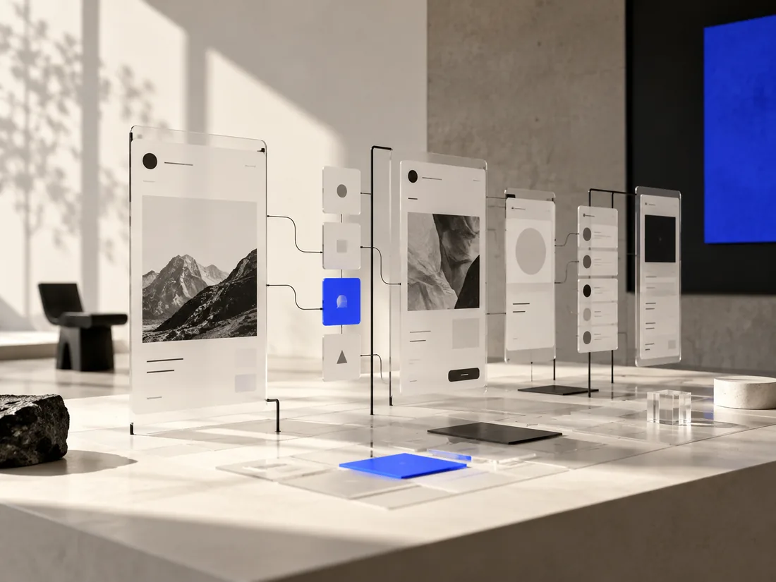 Conceptual studio image of a digital product interface system and user flow.