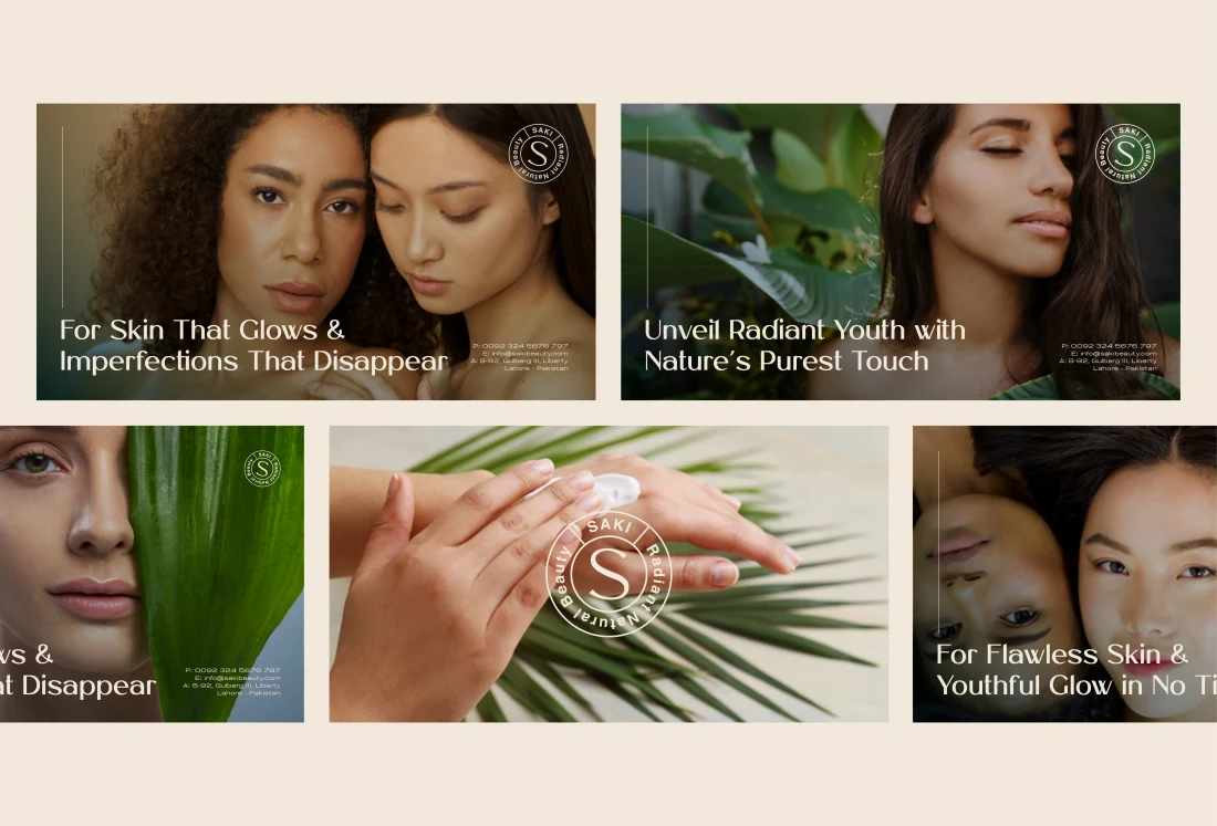 SAKI social campaign layouts combining portraits, nature imagery and skincare messages.