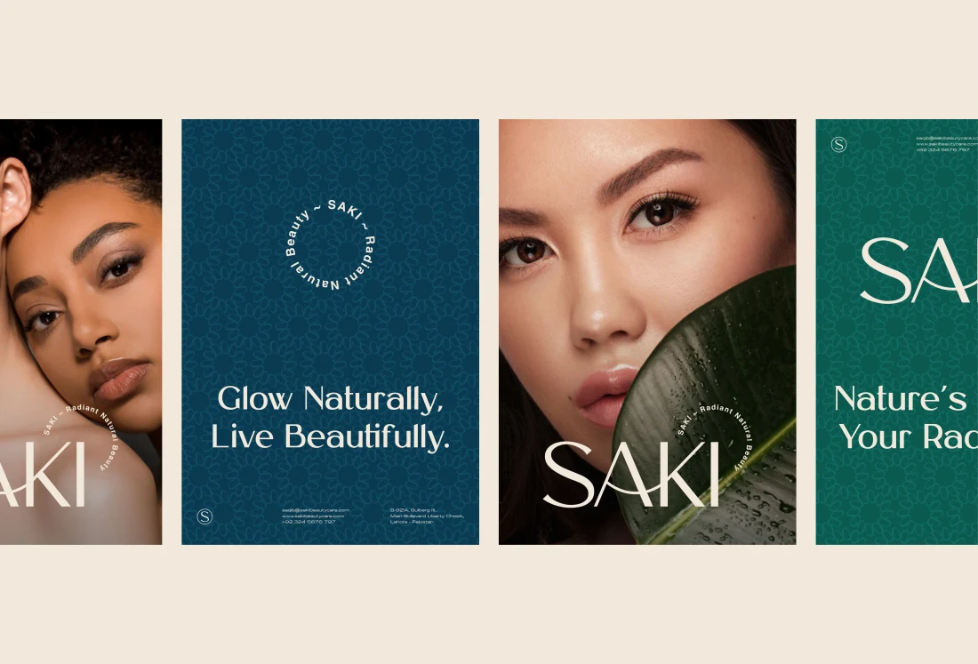SAKI portrait and typographic campaign posters in teal, mint and cream.